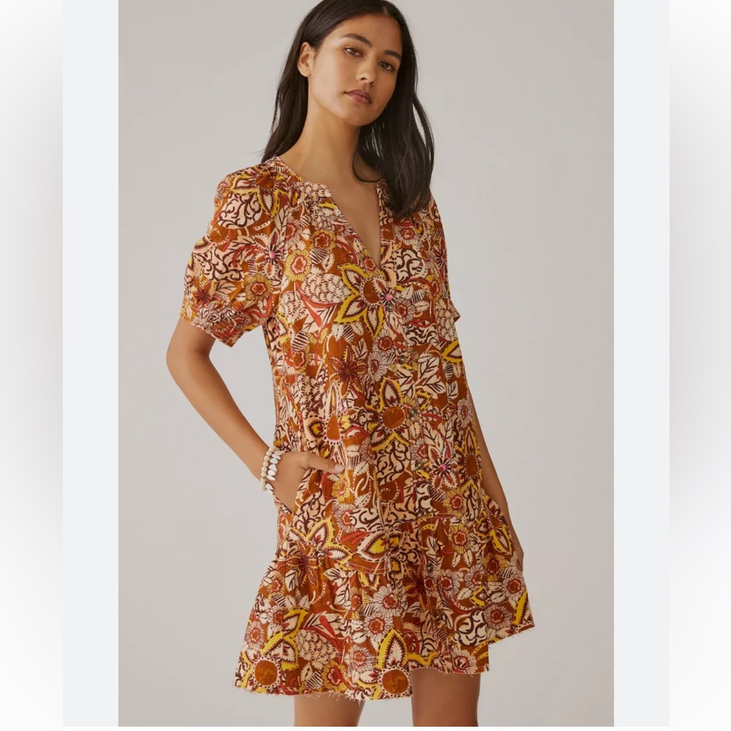 Anthropologie Pilcro Floral Tapestry Puff Sleeve Dress Size Small